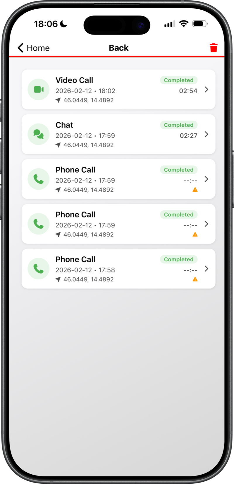 Call history log with video, chat, and phone entries